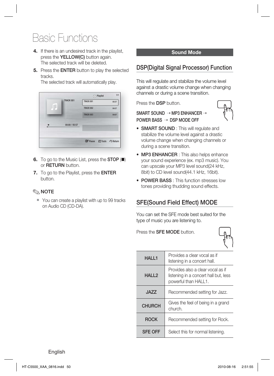 Sound mode, Basic functions, Dsp(digital signal processor) function | Sfe(sound field effect) mode | Samsung HT-C5500-XAC User Manual | Page 50 / 68