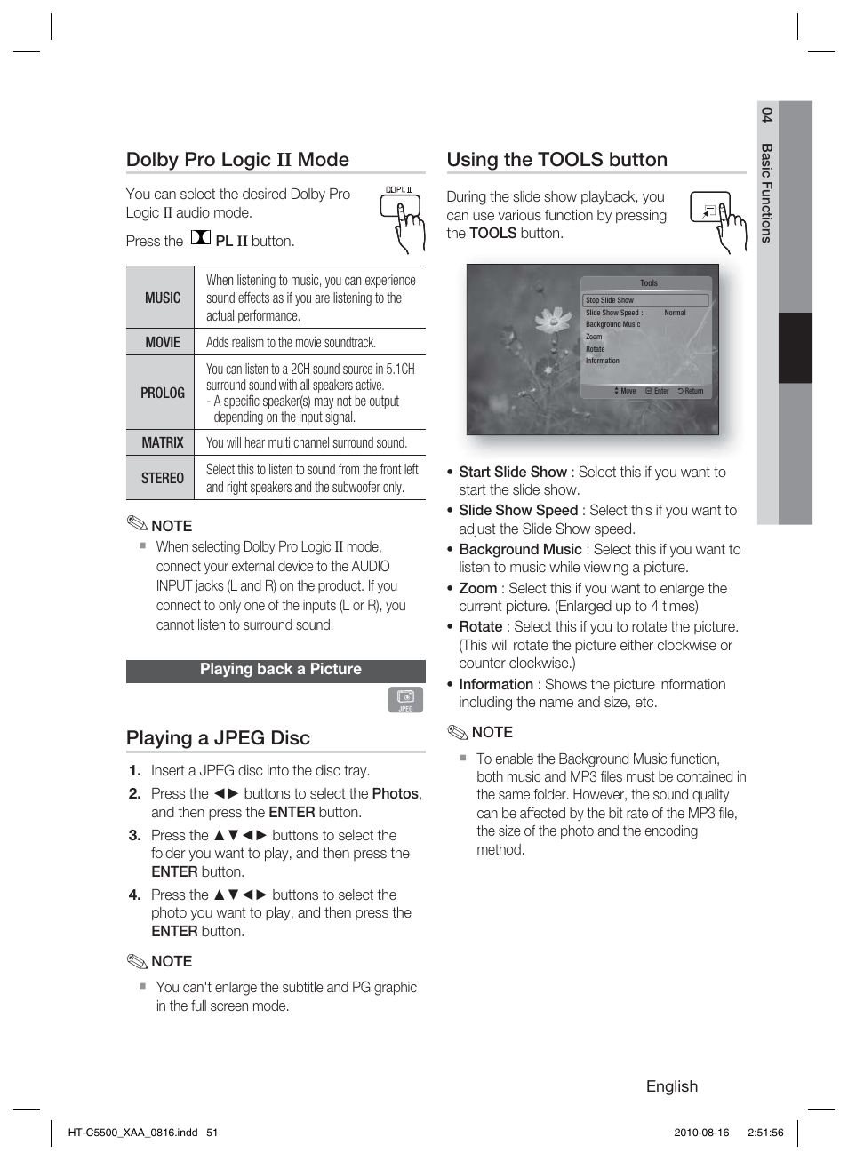 Playing back a picture, Using the tools button, Dolby pro logic ii mode | Playing a jpeg disc | Samsung HT-C5500-XAC User Manual | Page 51 / 68