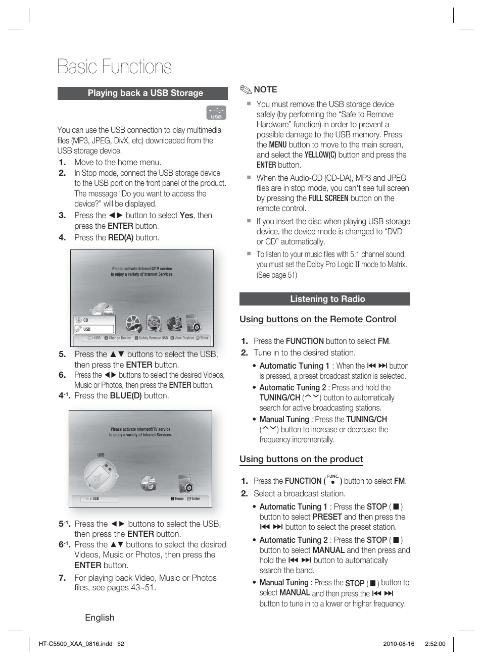 Playing back a usb storage, Listening to radio, Basic functions | Samsung HT-C5500-XAC User Manual | Page 52 / 68