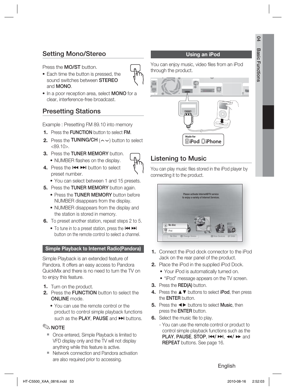 Simple playback to internet radio(pandora), Using an ipod, Listening to music | Setting mono/stereo, Presetting stations, English | Samsung HT-C5500-XAC User Manual | Page 53 / 68