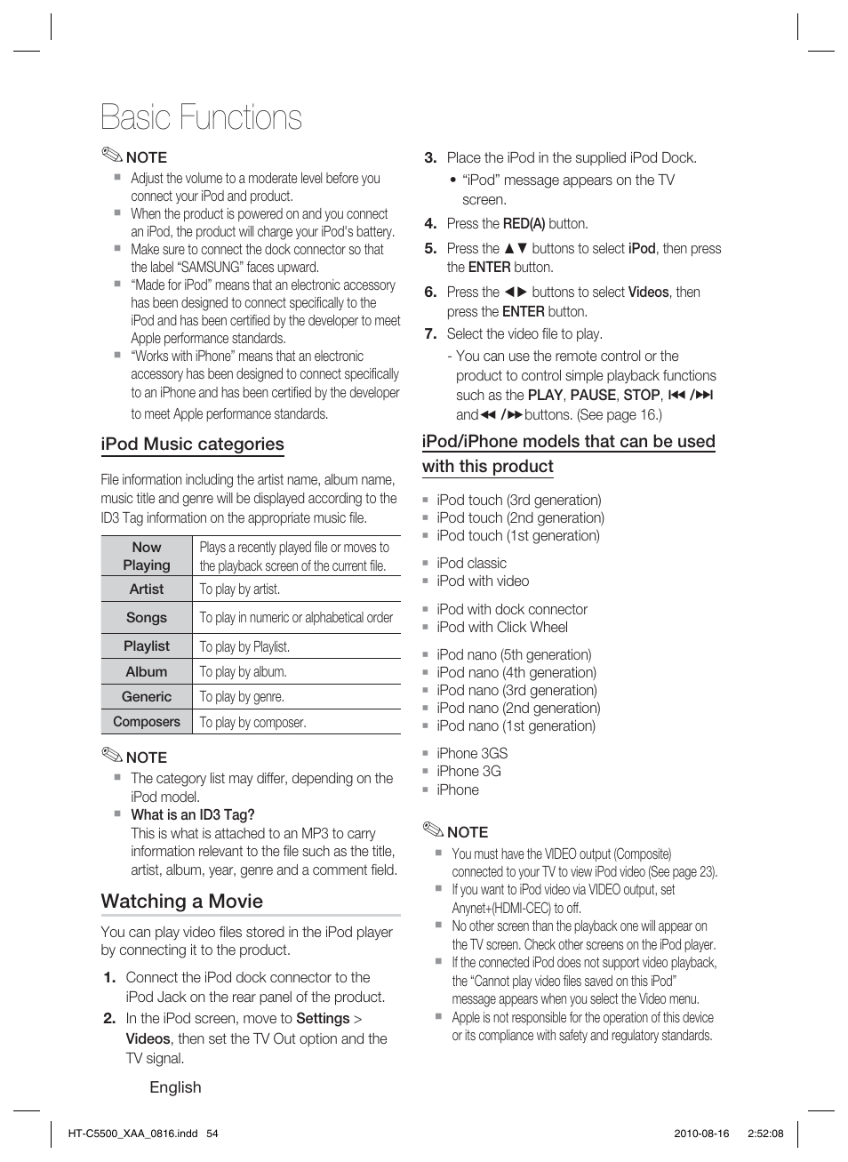 Basic functions | Samsung HT-C5500-XAC User Manual | Page 54 / 68