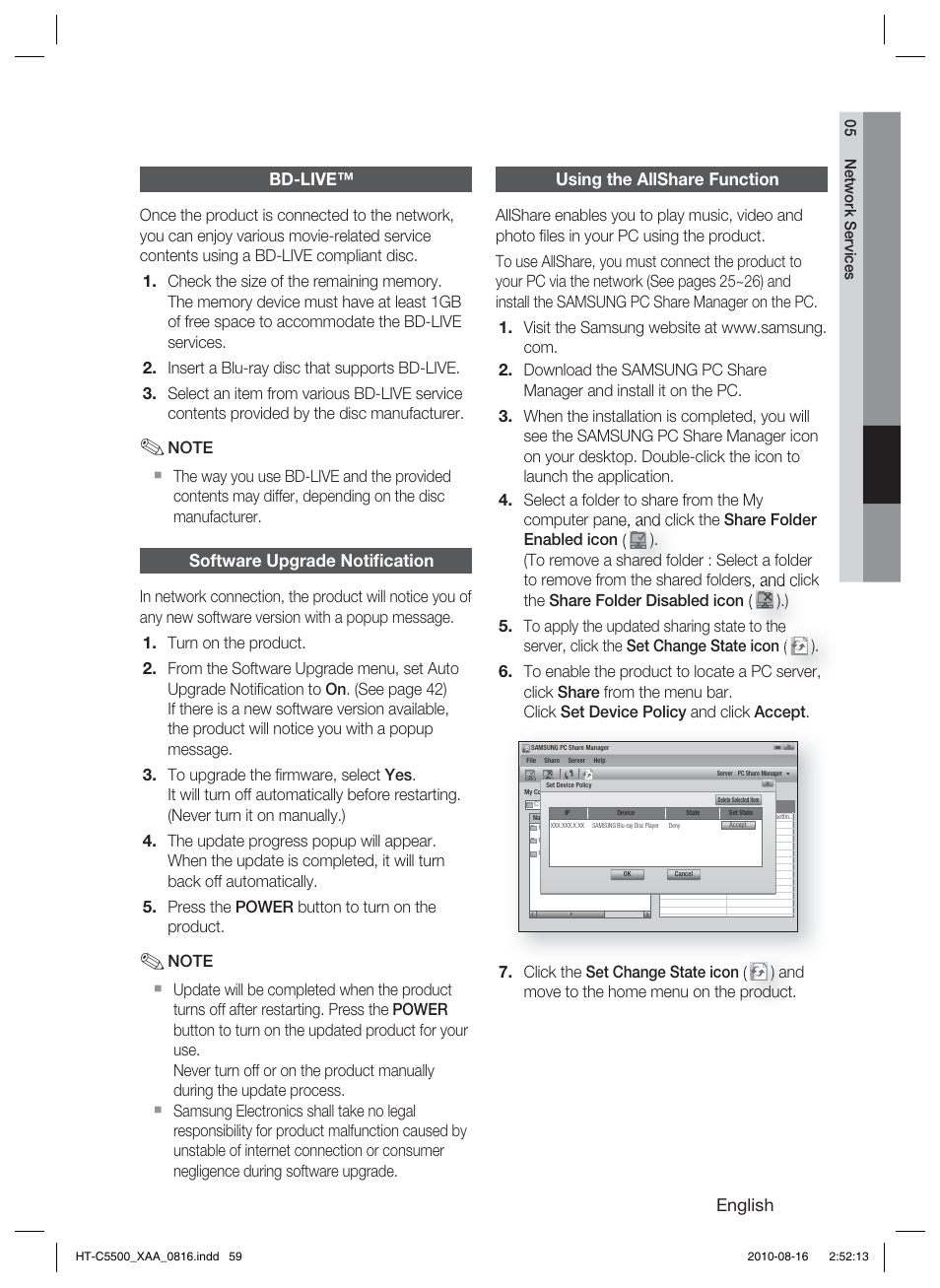 Bd-live, Software upgrade notification, Using the allshare function | English, Software upgrade notiﬁ cation | Samsung HT-C5500-XAC User Manual | Page 59 / 68