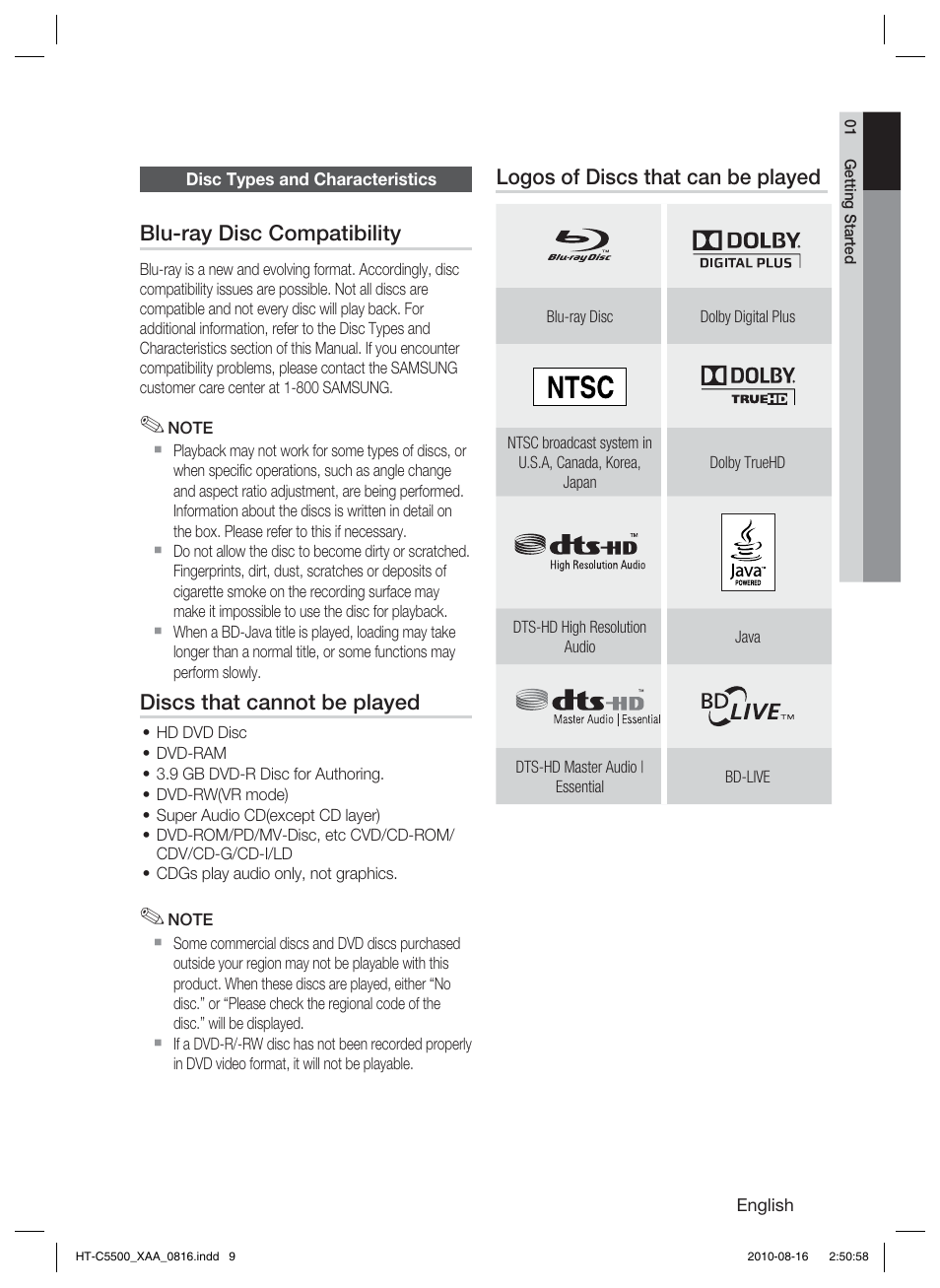 Disc types and characteristics | Samsung HT-C5500-XAC User Manual | Page 9 / 68