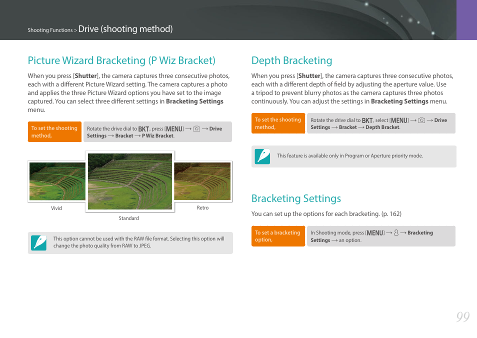 Picture wizard bracketing (p wiz bracket), Depth bracketing, Bracketing settings | Drive (shooting method) | Samsung EV-NX30ZZBGBUS User Manual | Page 100 / 217