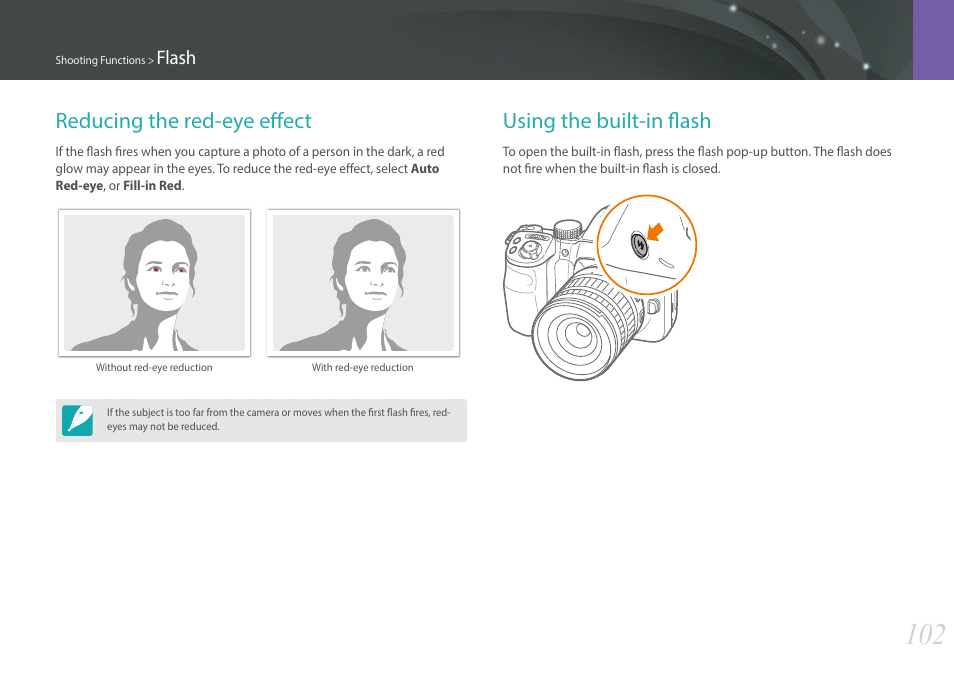 Reducing the red-eye effect, Using the built-in flash | Samsung EV-NX30ZZBGBUS User Manual | Page 103 / 217