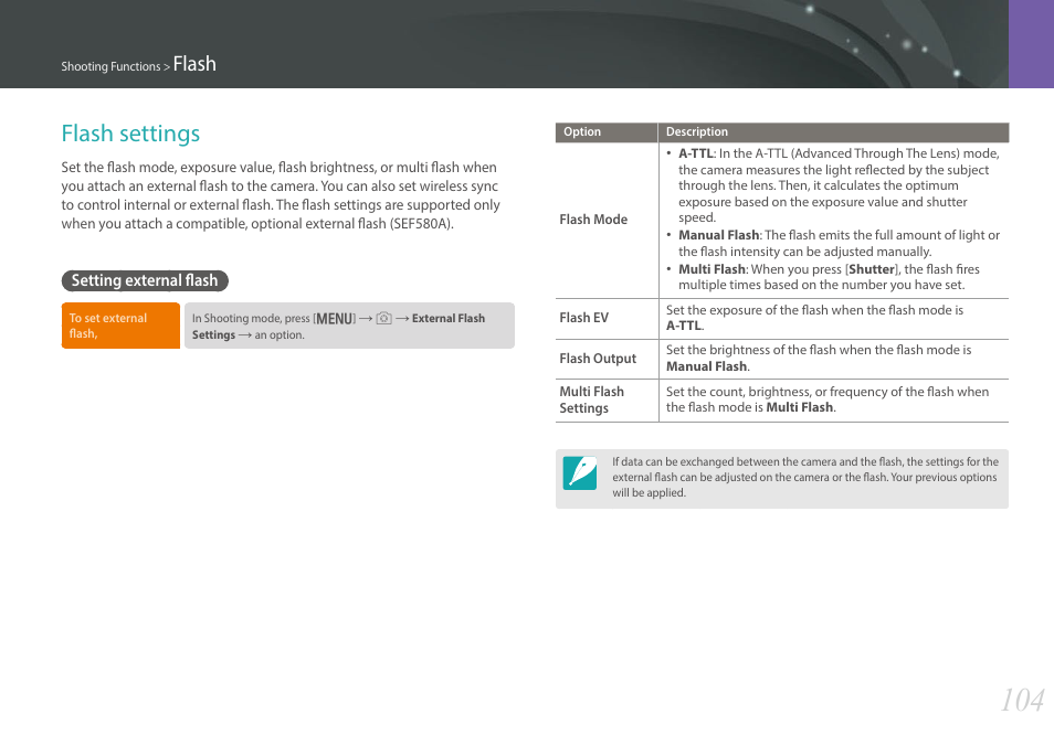 Flash settings, Setting external flash, Flash | Samsung EV-NX30ZZBGBUS User Manual | Page 105 / 217