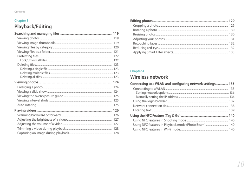 Playback/editing, Wireless network | Samsung EV-NX30ZZBGBUS User Manual | Page 11 / 217