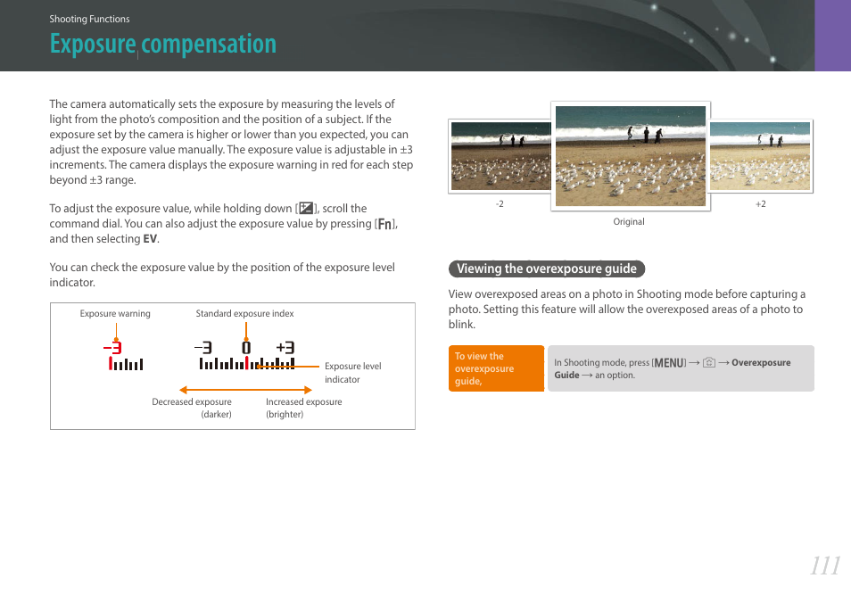 Exposure compensation, Viewing the overexposure guide | Samsung EV-NX30ZZBGBUS User Manual | Page 112 / 217