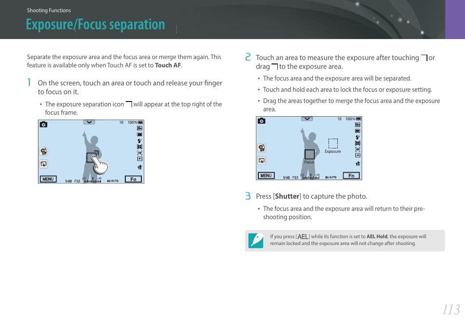 Exposure/focus separation | Samsung EV-NX30ZZBGBUS User Manual | Page 114 / 217