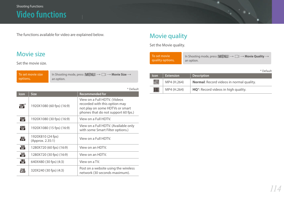 Video functions, Movie size, Movie quality | Movie size movie quality | Samsung EV-NX30ZZBGBUS User Manual | Page 115 / 217