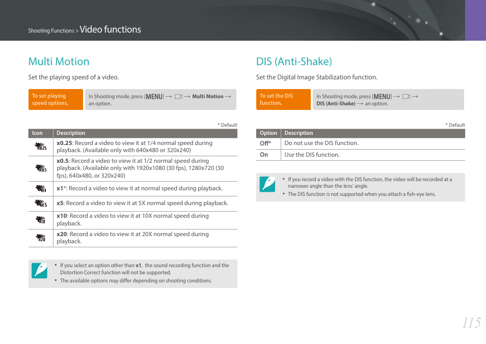 Multi motion, Dis (anti-shake), Multi motion dis (anti-shake) | Video functions | Samsung EV-NX30ZZBGBUS User Manual | Page 116 / 217
