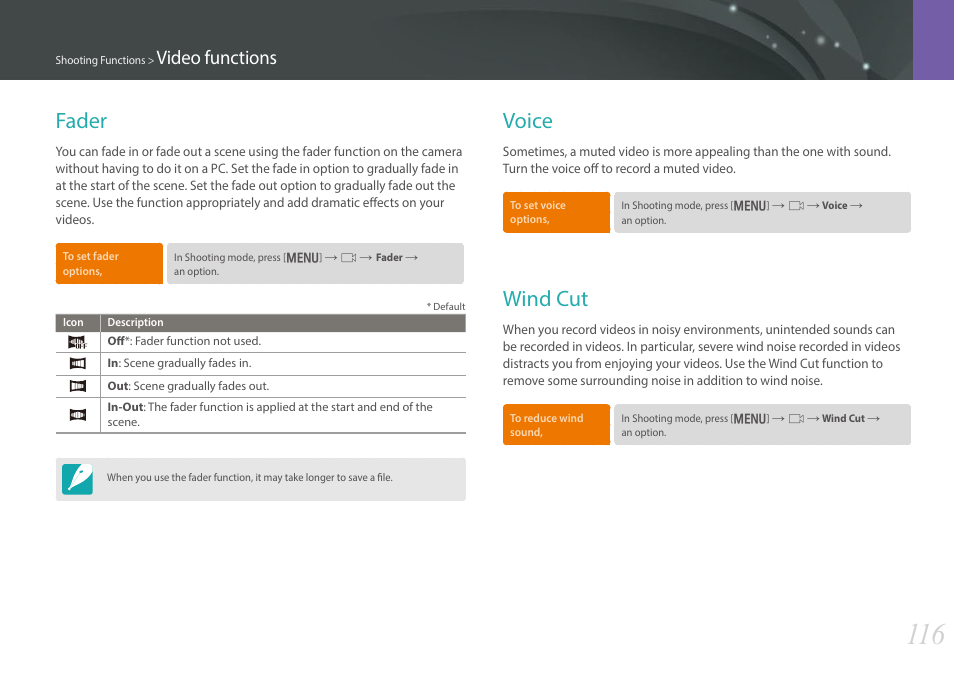 Fader, Voice, Wind cut | Fader voice wind cut, Video functions | Samsung EV-NX30ZZBGBUS User Manual | Page 117 / 217