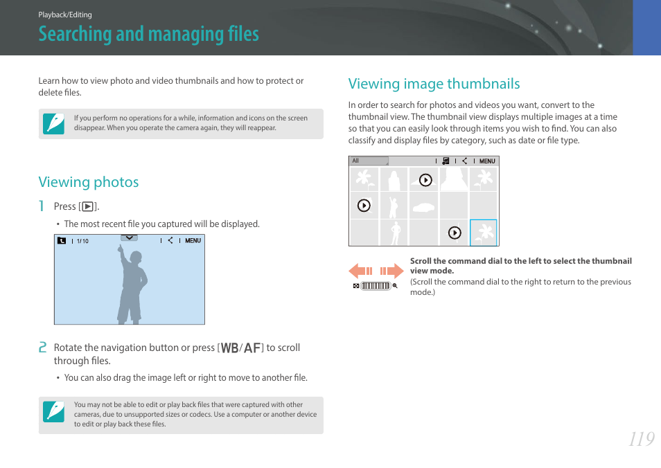 Searching and managing files, Viewing photos, Viewing image thumbnails | Viewing photos viewing image thumbnails | Samsung EV-NX30ZZBGBUS User Manual | Page 120 / 217