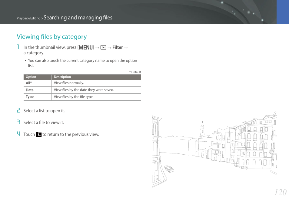 Viewing files by category, Searching and managing files | Samsung EV-NX30ZZBGBUS User Manual | Page 121 / 217