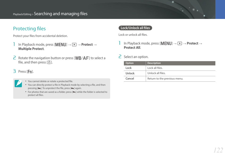 Protecting files, Lock/unlock all files, Searching and managing files | Samsung EV-NX30ZZBGBUS User Manual | Page 123 / 217