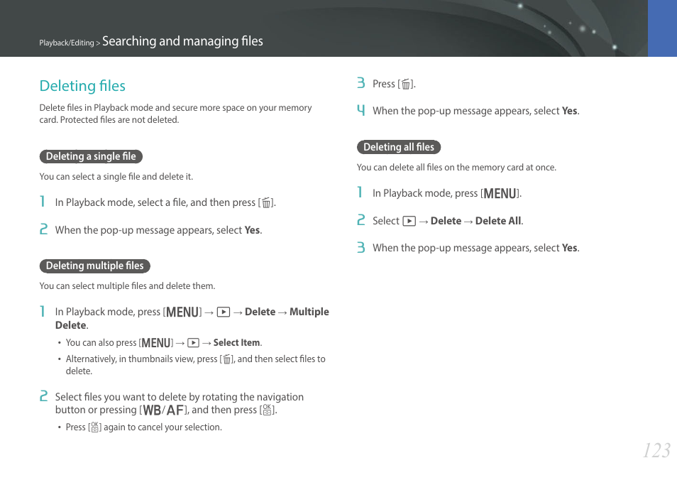 Deleting files, Deleting a single file, Deleting multiple files | Deleting all files, Searching and managing files | Samsung EV-NX30ZZBGBUS User Manual | Page 124 / 217