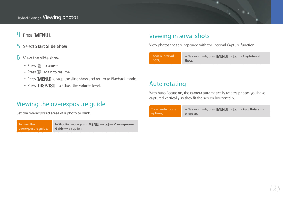 Viewing the overexposure guide, Viewing interval shots, Auto rotating | Viewing photos 4 | Samsung EV-NX30ZZBGBUS User Manual | Page 126 / 217