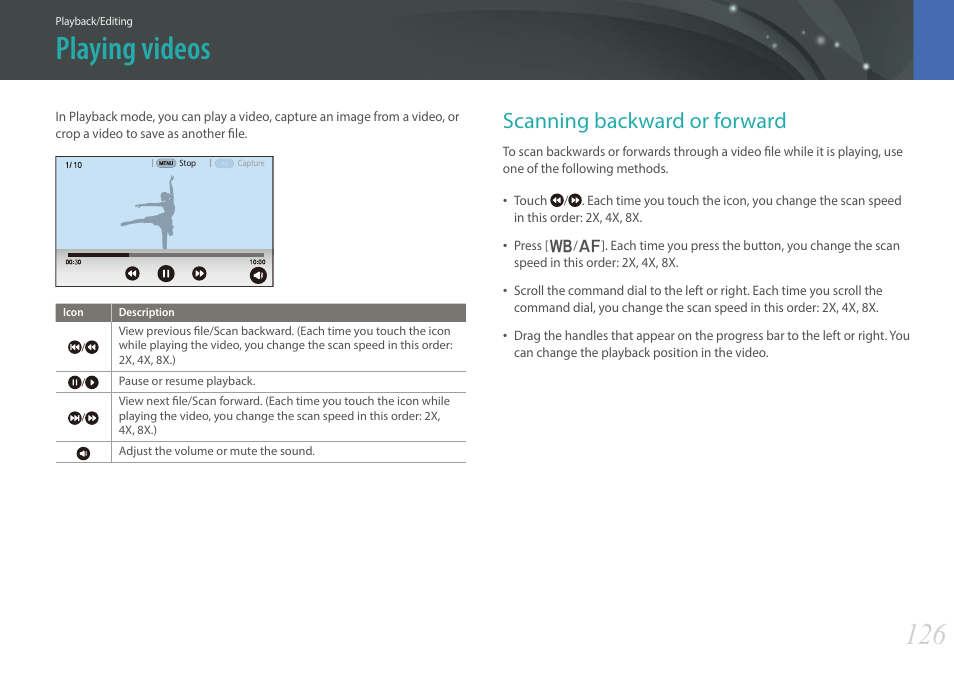 Playing videos, Scanning backward or forward | Samsung EV-NX30ZZBGBUS User Manual | Page 127 / 217