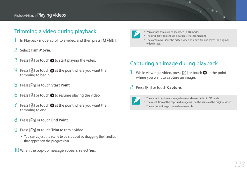 Trimming a video during playback, Capturing an image during playback | Samsung EV-NX30ZZBGBUS User Manual | Page 129 / 217