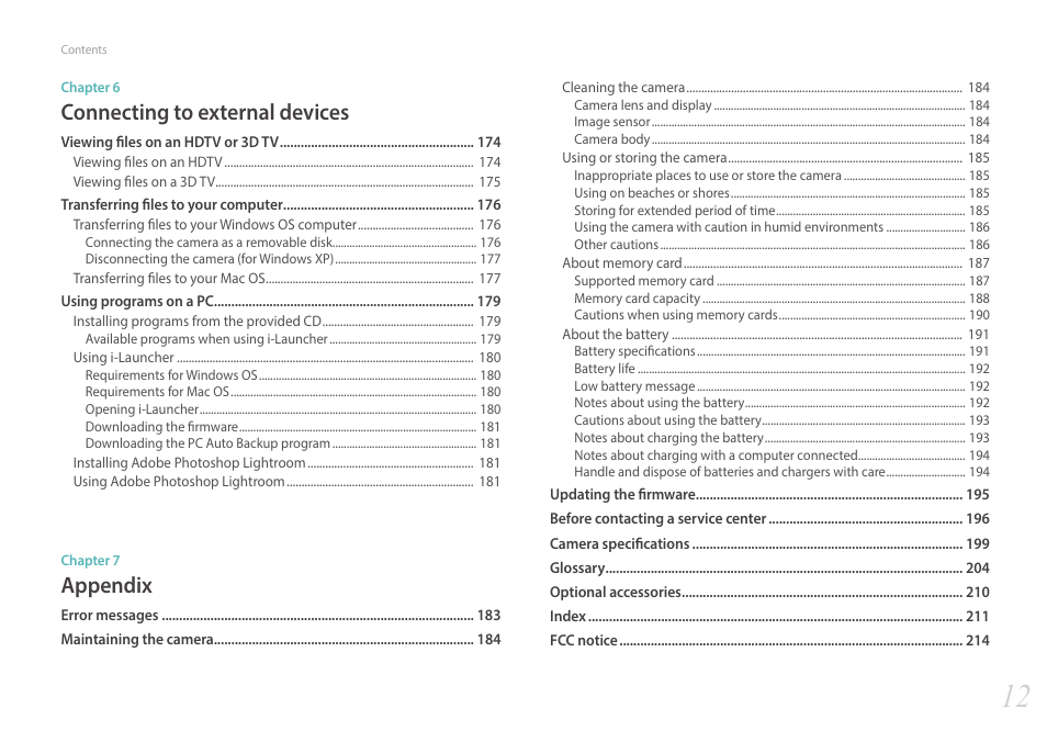 Connecting to external devices, Appendix | Samsung EV-NX30ZZBGBUS User Manual | Page 13 / 217