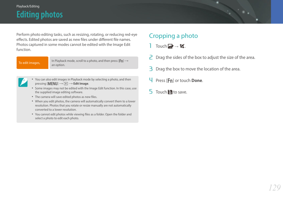 Editing photos, Cropping a photo | Samsung EV-NX30ZZBGBUS User Manual | Page 130 / 217