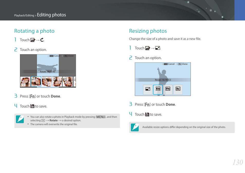 Rotating a photo, Resizing photos, Rotating a photo resizing photos | Editing photos | Samsung EV-NX30ZZBGBUS User Manual | Page 131 / 217