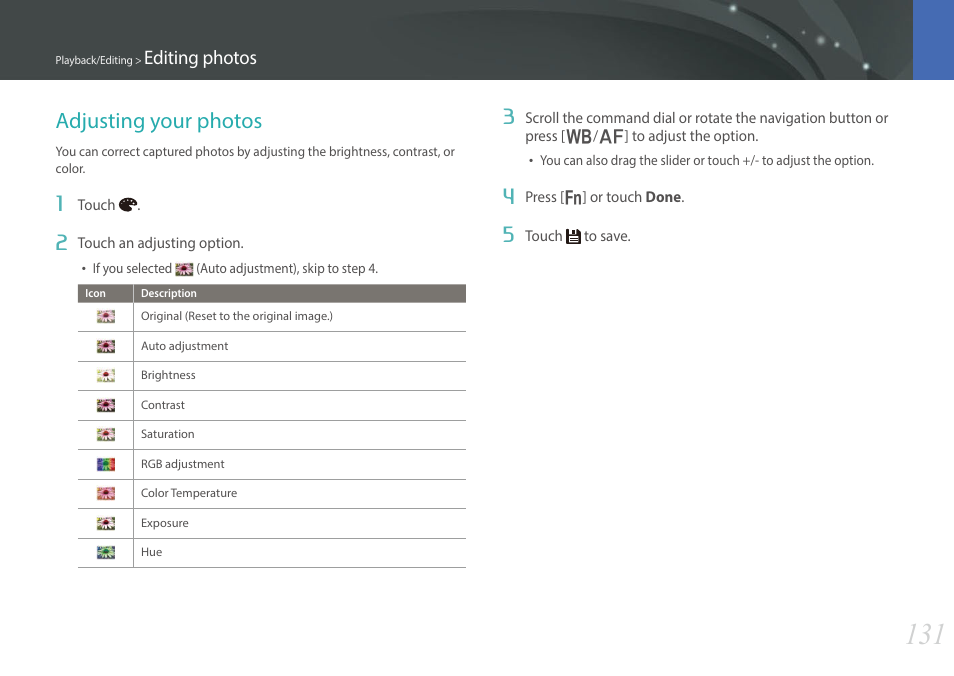 Adjusting your photos, Editing photos | Samsung EV-NX30ZZBGBUS User Manual | Page 132 / 217