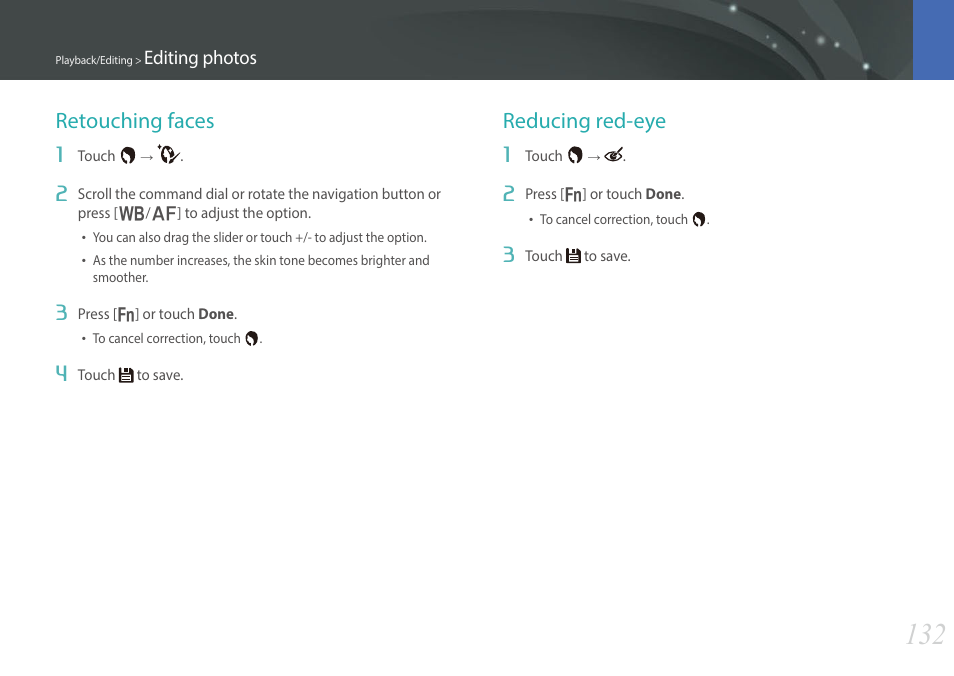 Retouching faces, Reducing red-eye, Retouching faces reducing red-eye | Samsung EV-NX30ZZBGBUS User Manual | Page 133 / 217