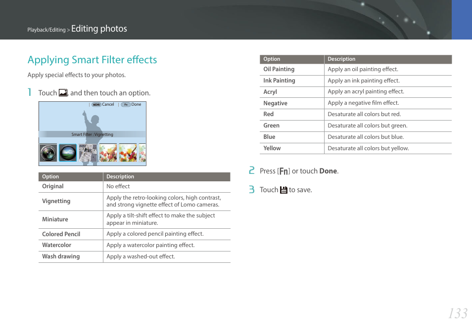 Applying smart filter effects, Editing photos | Samsung EV-NX30ZZBGBUS User Manual | Page 134 / 217