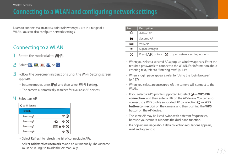 Connecting to a wlan | Samsung EV-NX30ZZBGBUS User Manual | Page 136 / 217