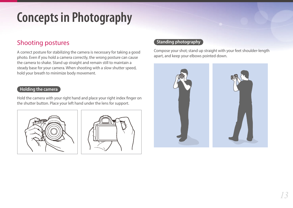 Tips, Concepts in photography, Shooting postures | Holding the camera, Standing photography, Holding the camera standing photography | Samsung EV-NX30ZZBGBUS User Manual | Page 14 / 217