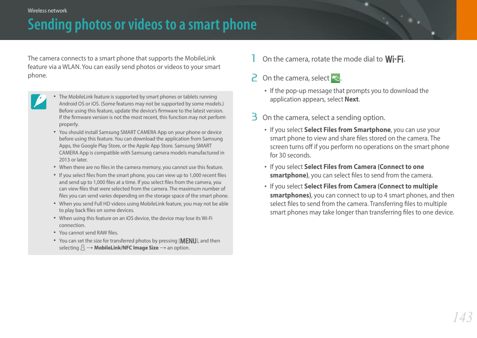 Sending photos or videos to a smart phone | Samsung EV-NX30ZZBGBUS User Manual | Page 144 / 217