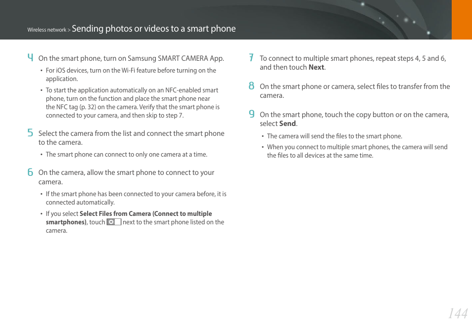 Sending photos or videos to a smart phone 4 | Samsung EV-NX30ZZBGBUS User Manual | Page 145 / 217