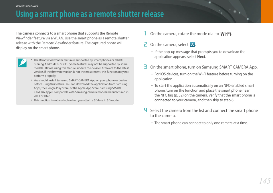 Using a smart phone as a remote shutter release | Samsung EV-NX30ZZBGBUS User Manual | Page 146 / 217