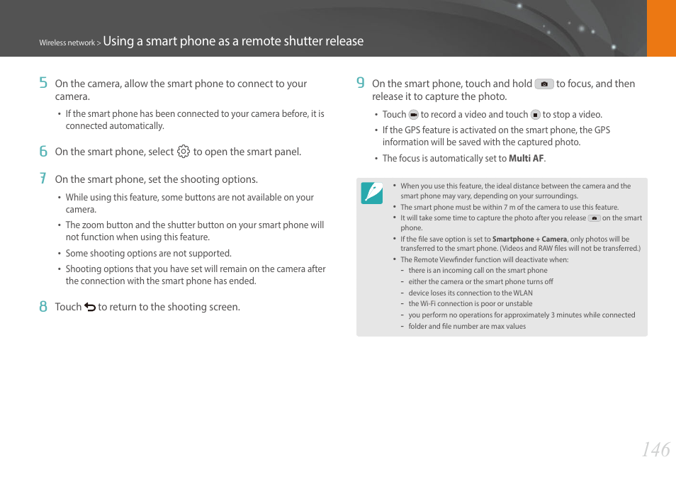 Using a smart phone as a remote shutter release 5 | Samsung EV-NX30ZZBGBUS User Manual | Page 147 / 217