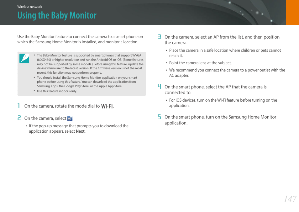 Using the baby monitor | Samsung EV-NX30ZZBGBUS User Manual | Page 148 / 217