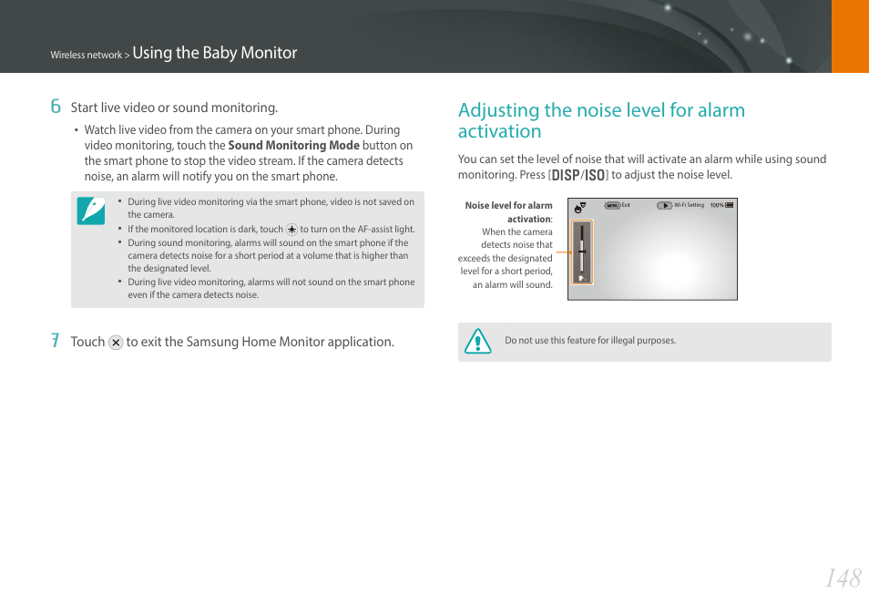 Adjusting the noise level for alarm activation, Using the baby monitor 6 | Samsung EV-NX30ZZBGBUS User Manual | Page 149 / 217