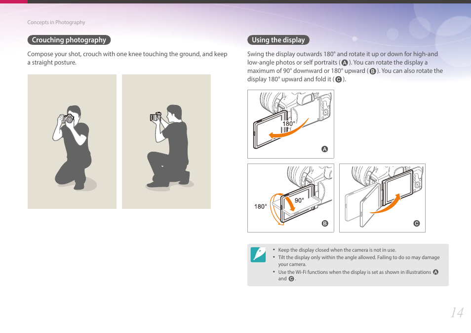 Crouching photography, Using the display, Crouching photography using the display | Samsung EV-NX30ZZBGBUS User Manual | Page 15 / 217
