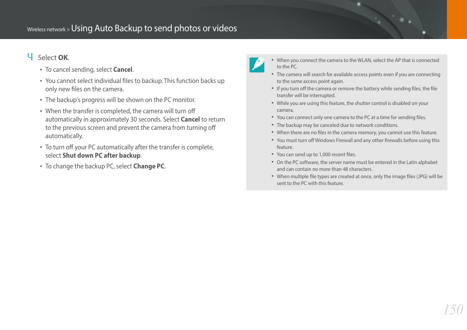 Using auto backup to send photos or videos 4 | Samsung EV-NX30ZZBGBUS User Manual | Page 151 / 217