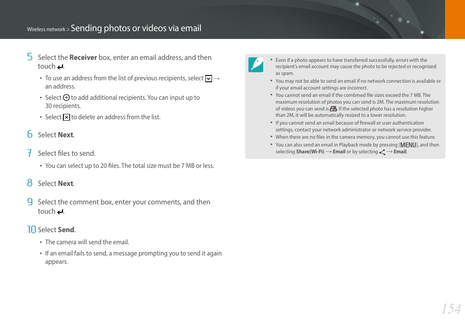 Sending photos or videos via email 5 | Samsung EV-NX30ZZBGBUS User Manual | Page 155 / 217