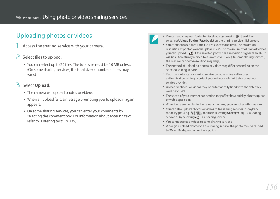 Uploading photos or videos, Using photo or video sharing services | Samsung EV-NX30ZZBGBUS User Manual | Page 157 / 217
