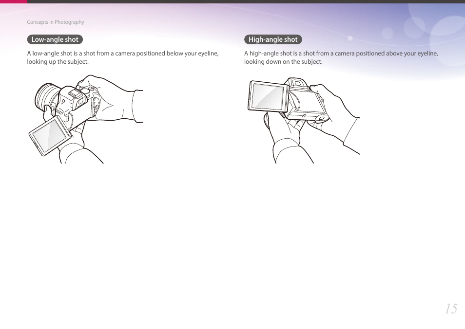 Low-angle shot, High-angle shot, Low-angle shot high-angle shot | Samsung EV-NX30ZZBGBUS User Manual | Page 16 / 217