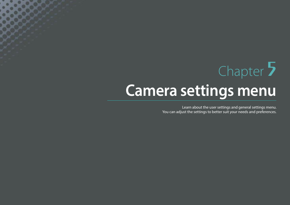 Chapter 5, Camera settings menu, Chapter | Samsung EV-NX30ZZBGBUS User Manual | Page 161 / 217