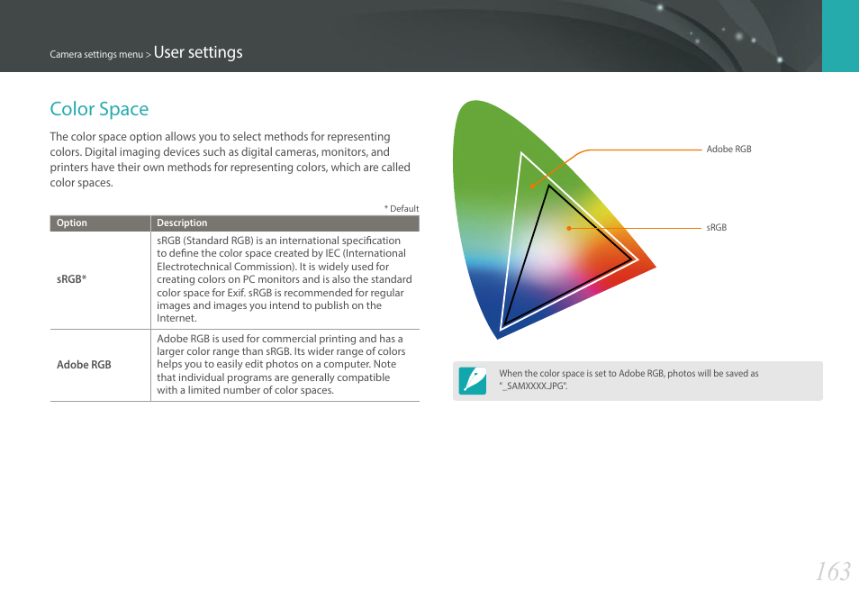 Color space, User settings | Samsung EV-NX30ZZBGBUS User Manual | Page 164 / 217