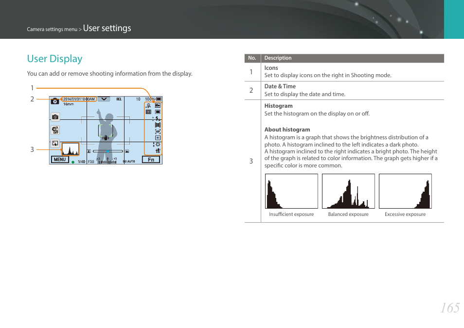 User display, User settings | Samsung EV-NX30ZZBGBUS User Manual | Page 166 / 217