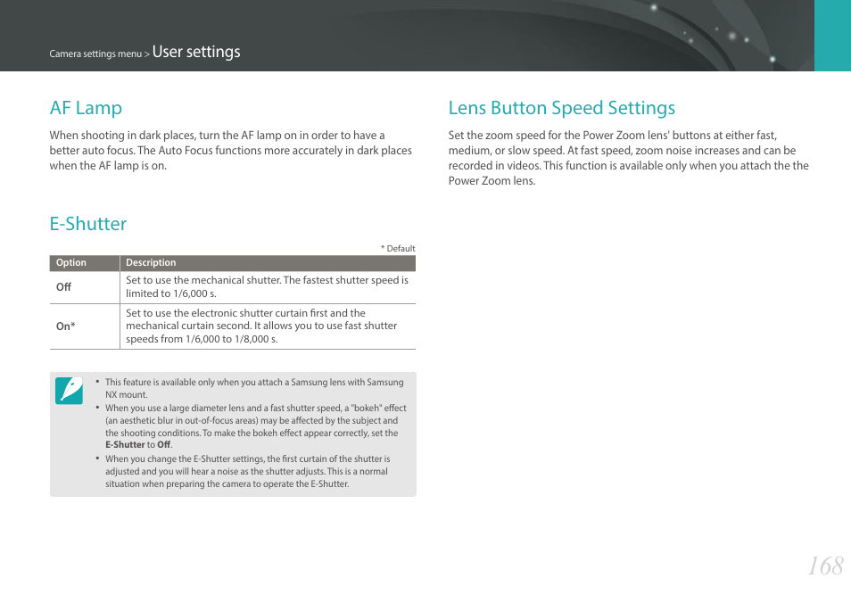 Af lamp, E-shutter, Lens button speed settings | Af lamp e-shutter lens button speed settings, User settings | Samsung EV-NX30ZZBGBUS User Manual | Page 169 / 217