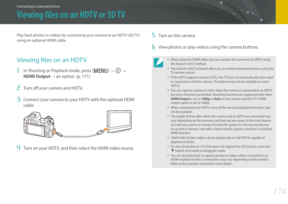 Viewing files on an hdtv or 3d tv, Viewing files on an hdtv | Samsung EV-NX30ZZBGBUS User Manual | Page 175 / 217