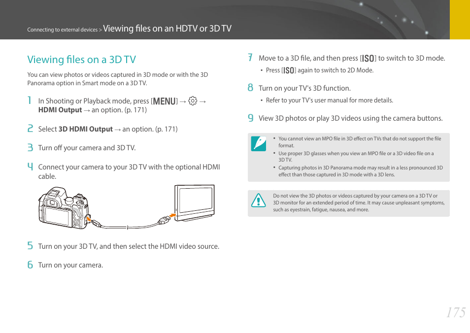 Viewing files on a 3d tv, Viewing files on an hdtv or 3d tv | Samsung EV-NX30ZZBGBUS User Manual | Page 176 / 217