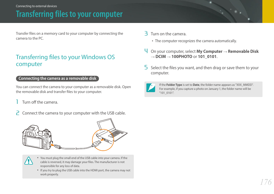 Transferring files to your computer, Transferring files to your windows os computer, Connecting the camera as a removable disk | Samsung EV-NX30ZZBGBUS User Manual | Page 177 / 217