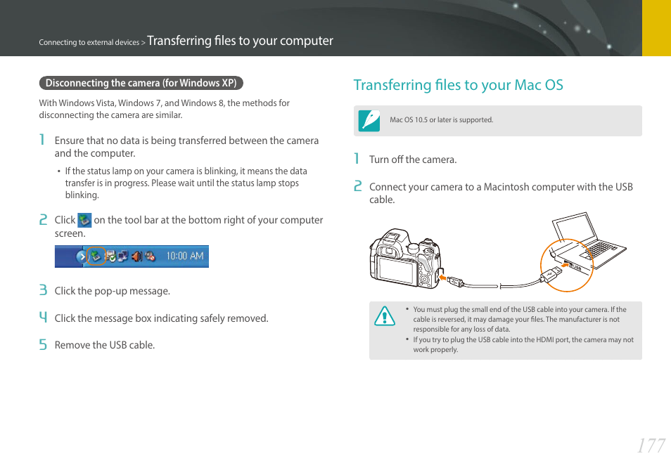 Disconnecting the camera (for windows xp), Transferring files to your mac os | Samsung EV-NX30ZZBGBUS User Manual | Page 178 / 217